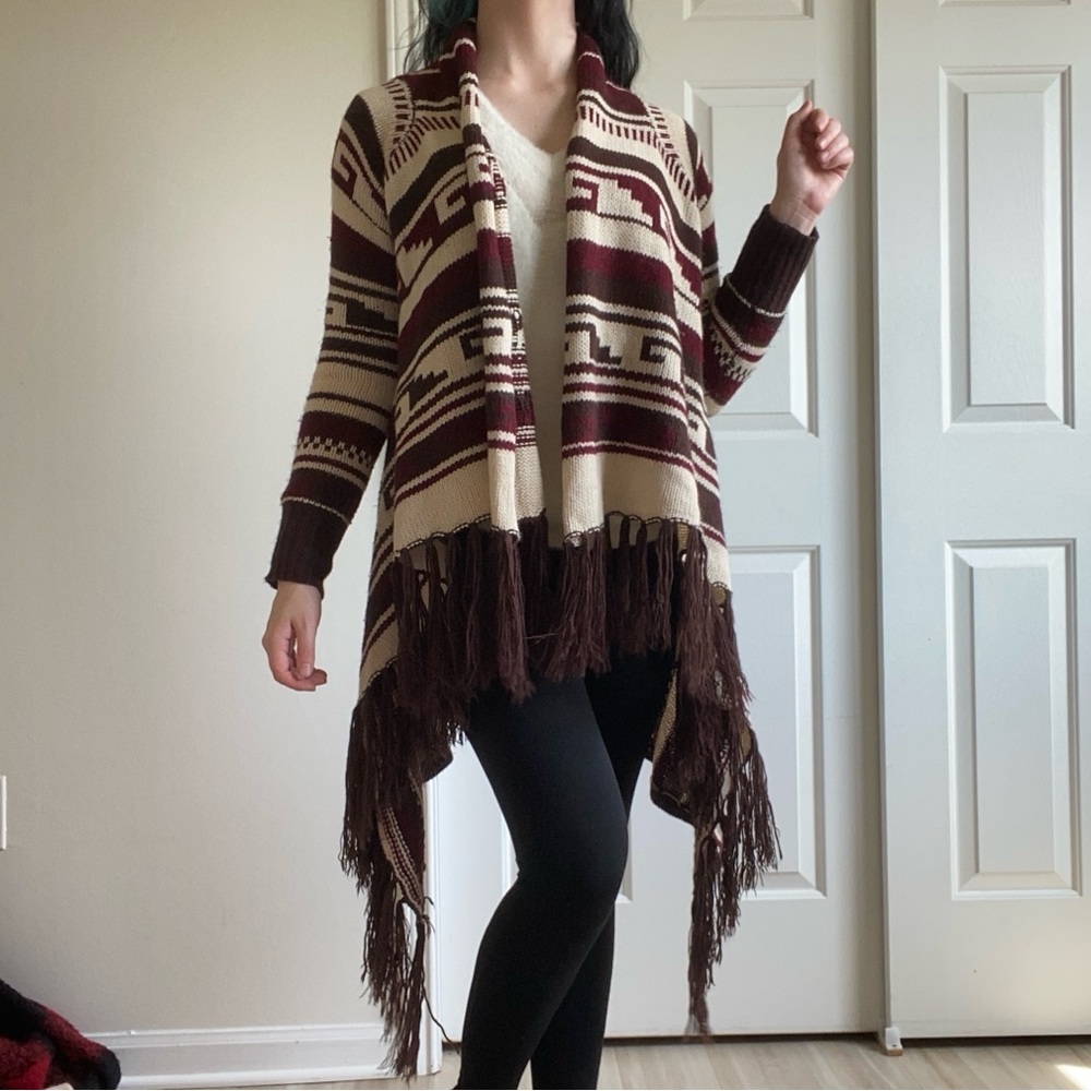 Aztec Patterned Fringe Sweater - Brown and Cream - Picture 3 of 7